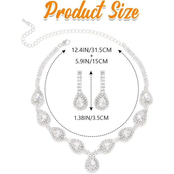 Crystal Bridal Jewelry Set for Women Silver Rhinestone Necklace Earrings Prom - Picture 4 of 7